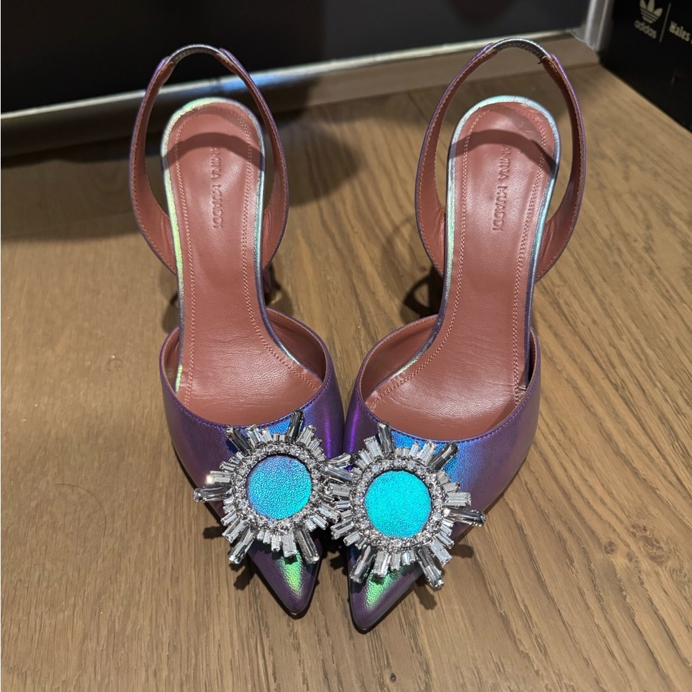 Amina Muaddi Purple and Blue Heels with Elegant Embellishments